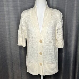 COLDWATER CREEK SHORT SLEEVED CREAM BUTTON FRONT SWEATER SIZED LARGE 14
